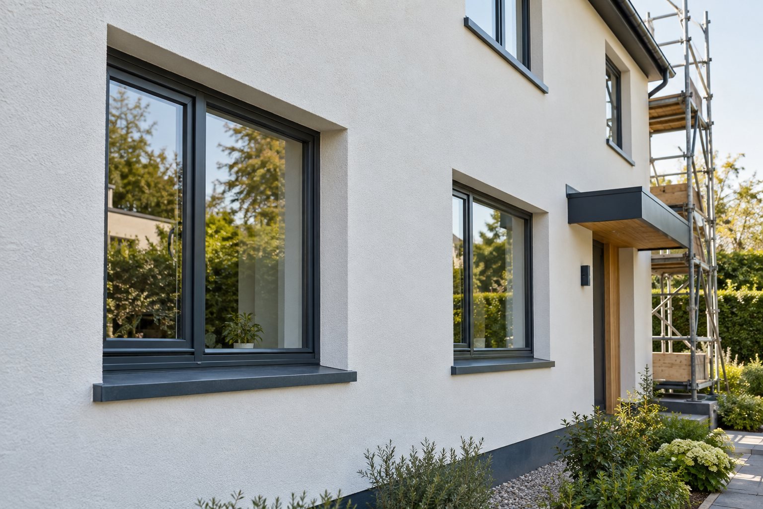 Wohnhausfassade mit Gerüst während einer energetischen Sanierung