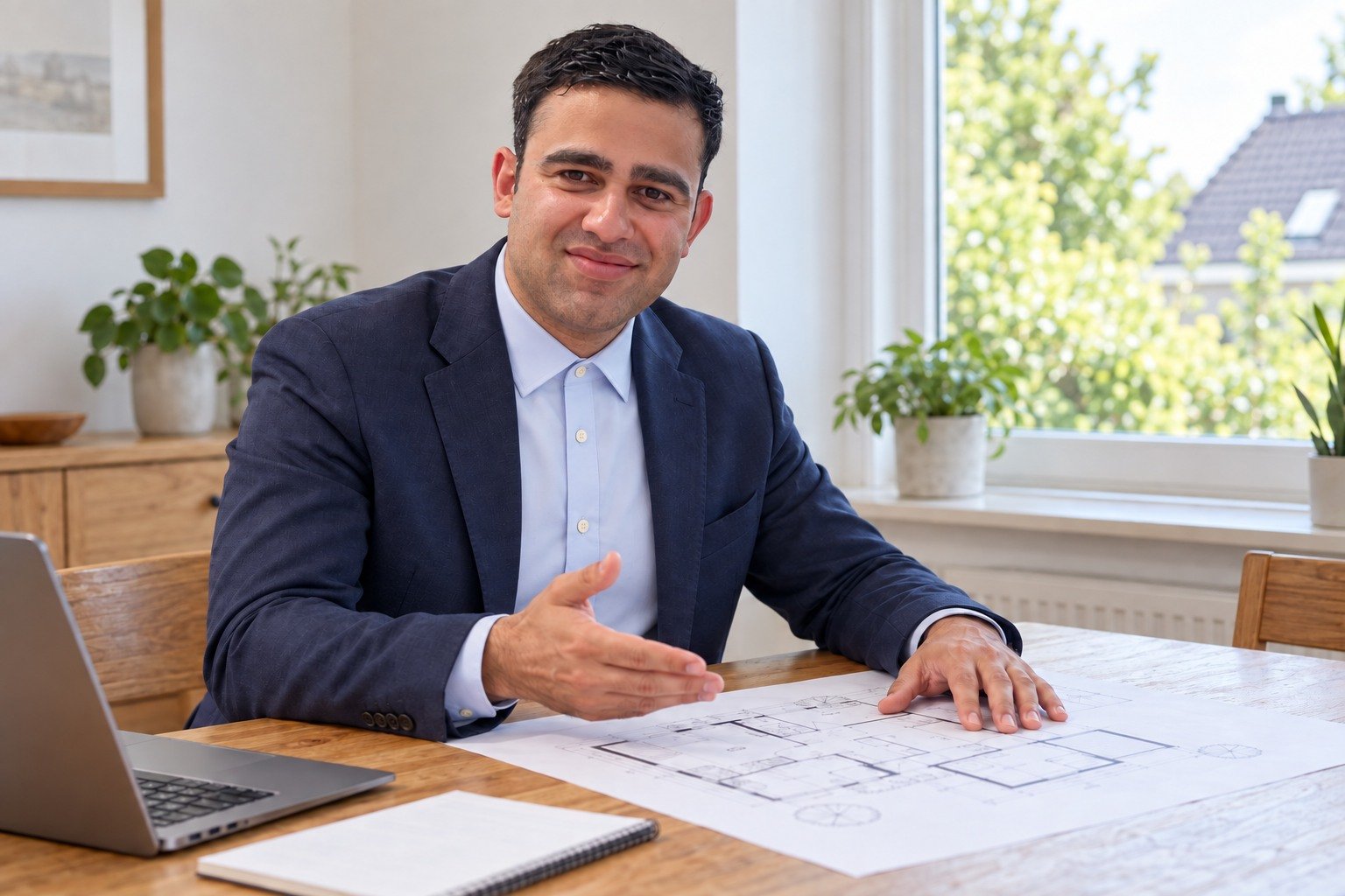 Nilan Rupasinghe erläutert einen Gebäudegrundriss im persönlichen Beratungsgespräch