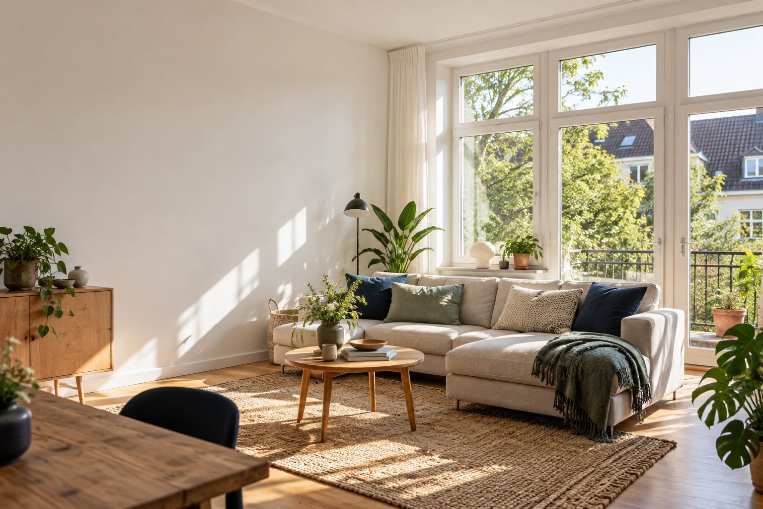 Heller Wohn und Essbereich mit großen Fenstern